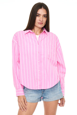 Sloane Oversized Button Down Shirt - Flamingo Stripe