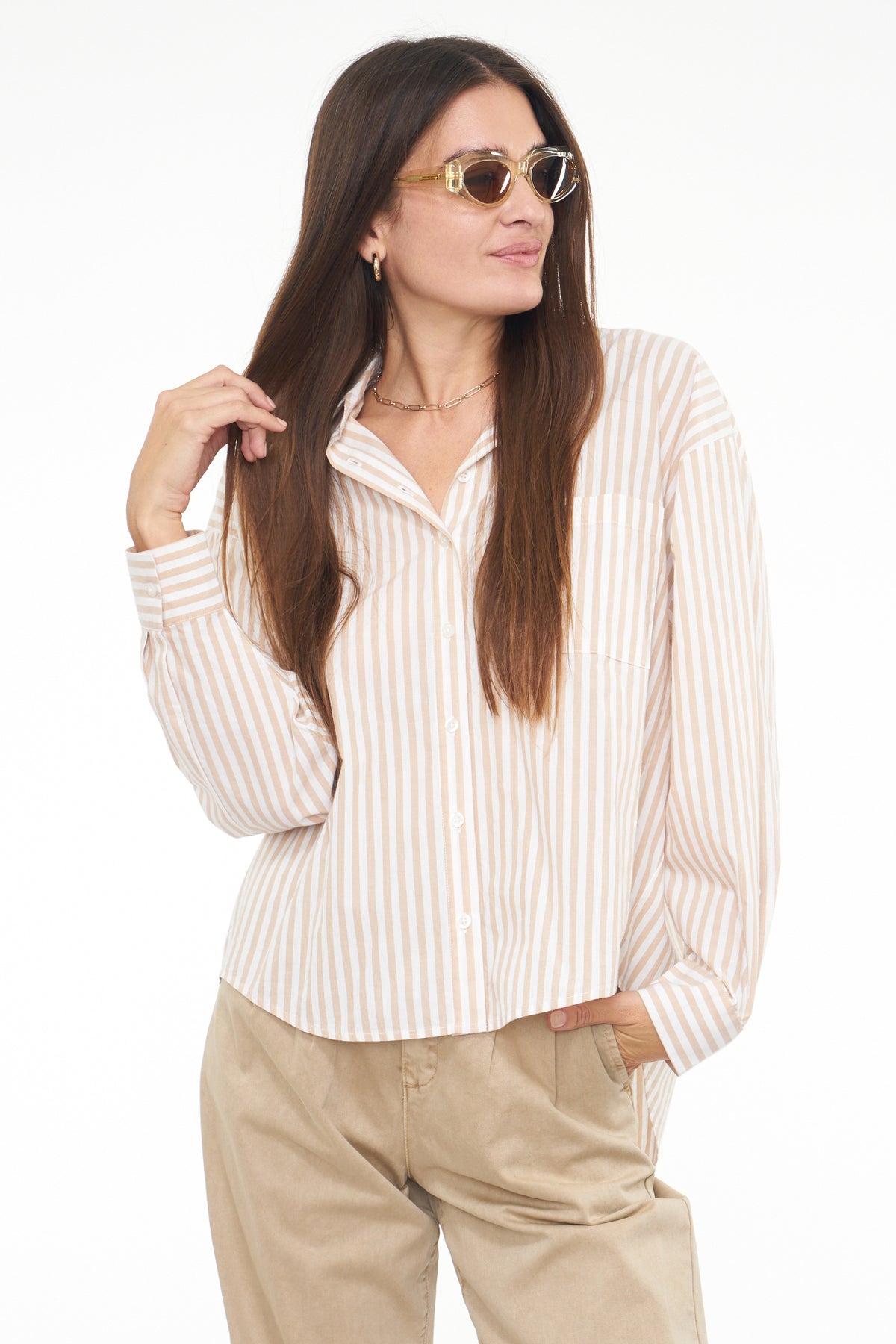 Sloane Oversized Button Down Shirt - Tan Ecru Stripe
