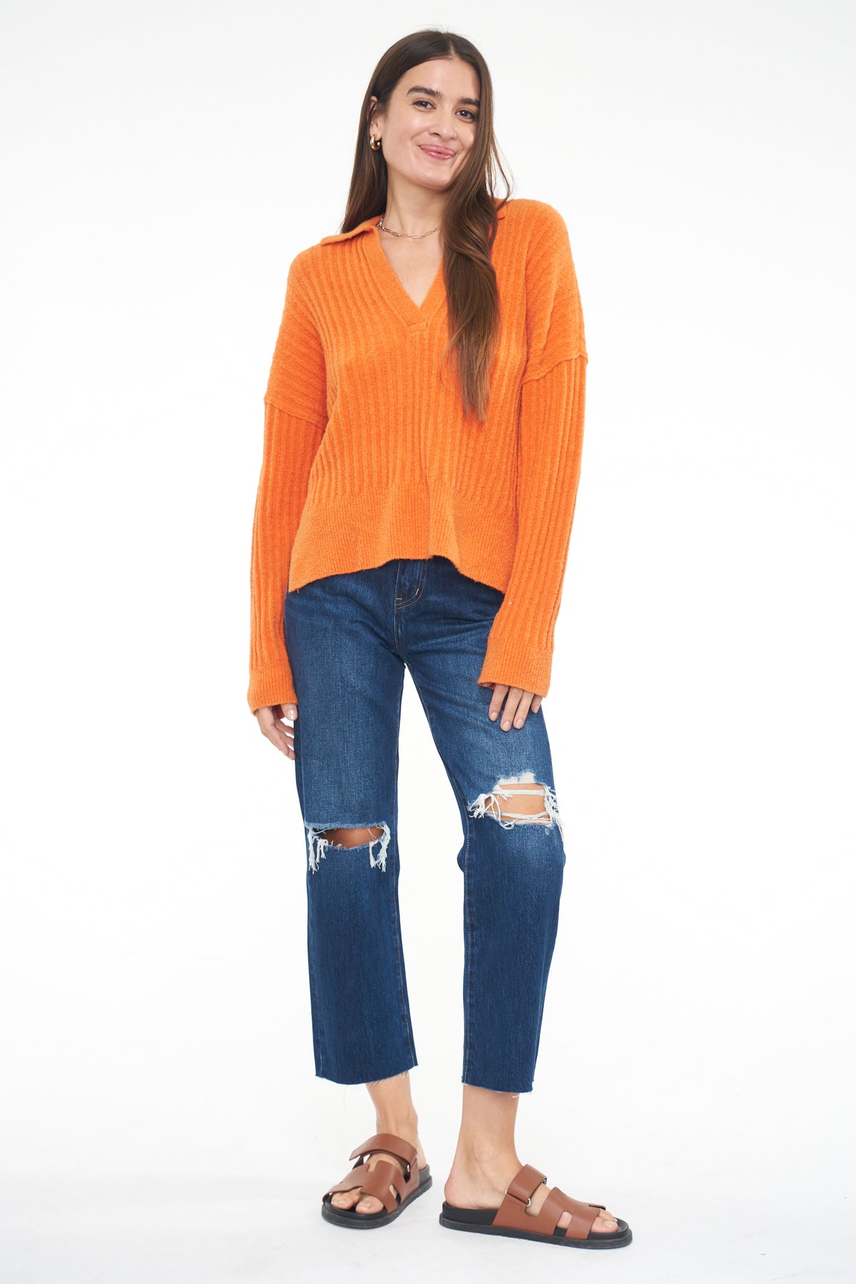 Zoe Relaxed Polo Sweater - Burnt Orange