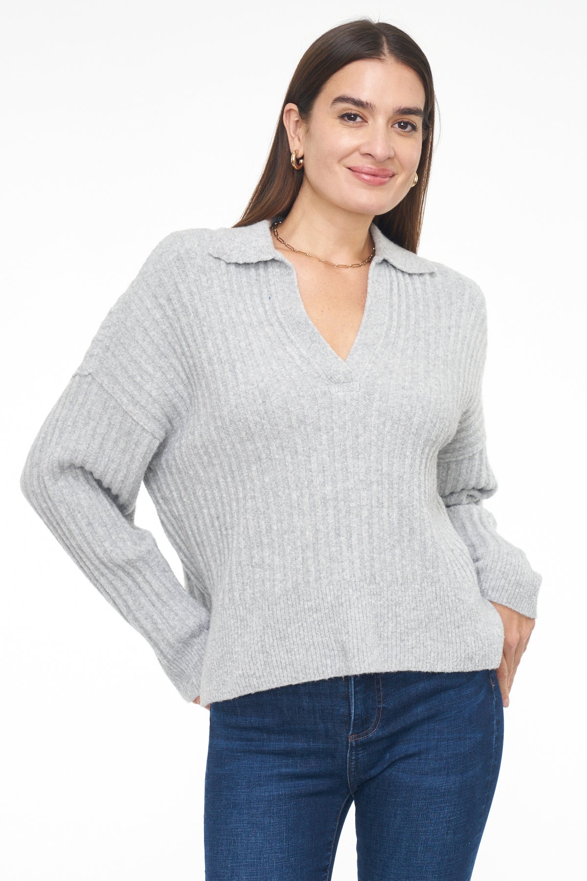 Zoe Relaxed Polo Sweater - Heather Grey