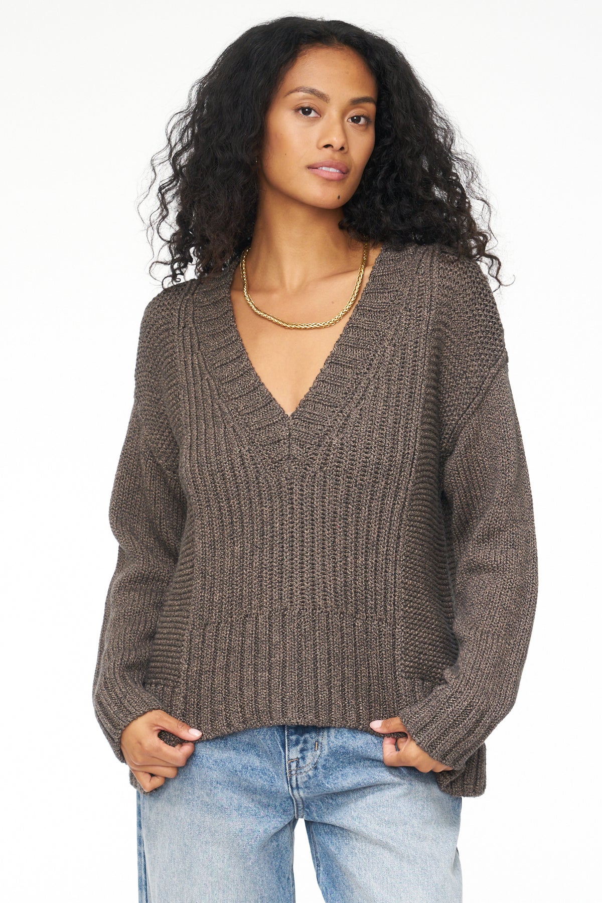 Drea Seamed V Neck Sweater - Chocolate Marl