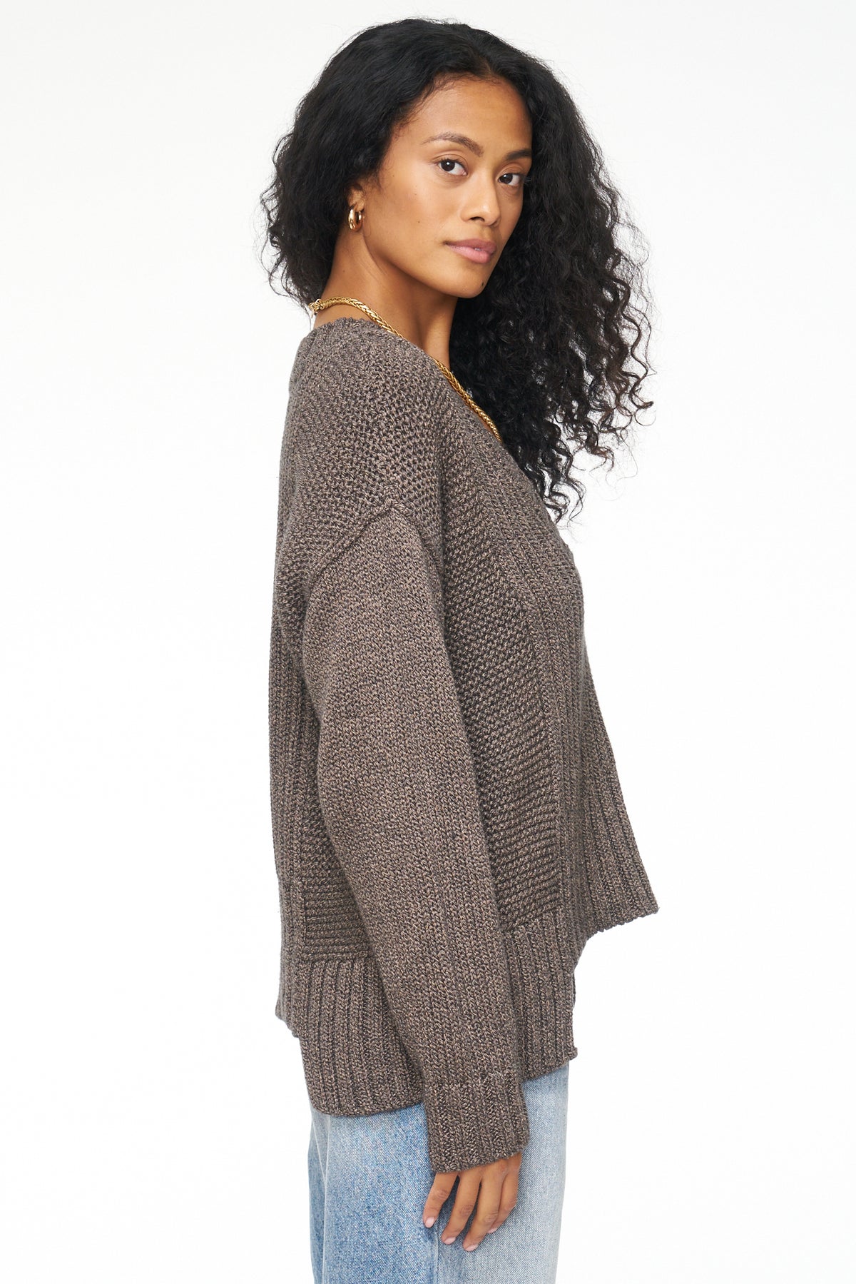 Drea Seamed V Neck Sweater - Chocolate Marl