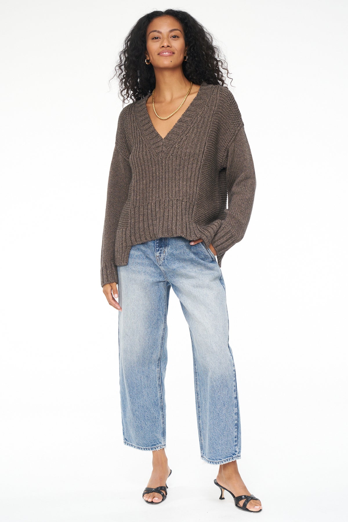 Drea Seamed V Neck Sweater - Chocolate Marl