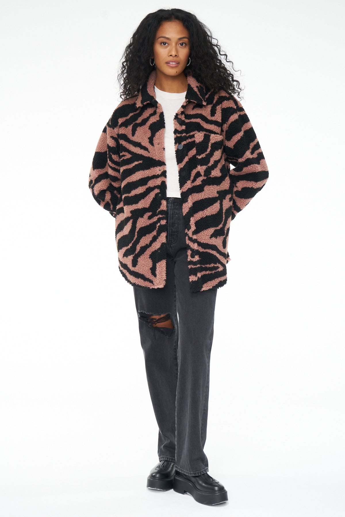 Lynn Oversized Shearling Jacket - Clay Zebra